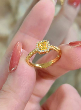 S925纯银小方糖戒指女ins小红书同款轻奢小众感镶黄水晶指环