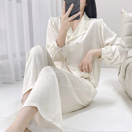 睡衣女秋冬季冰丝长袖大码法式双排扣套装春秋网红纯色轻奢家居服