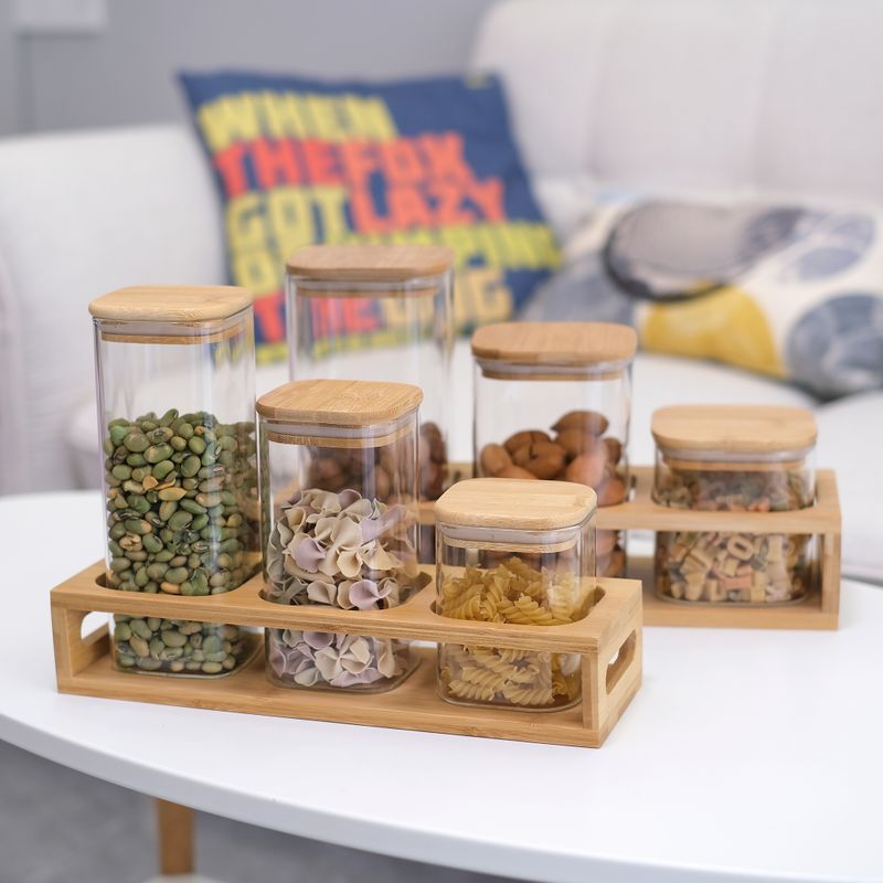 方形玻璃密封罐厨房杂粮储物竹架