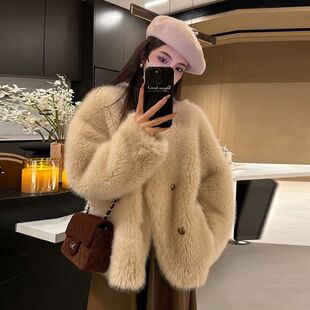 NN家秋冬加厚V领女短款环保托卡羊羔绒毛皮毛一体环保仿皮草外套