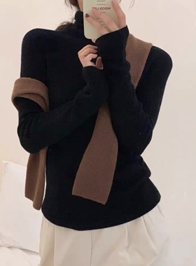 2023冬季美丽诺超细羊毛100打底衫女黑色高领弹力紧身堆堆领毛衣