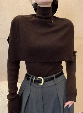 限时福利！设计感荷叶边真两件针织衫软糯高领斗篷毛衣MZ0069