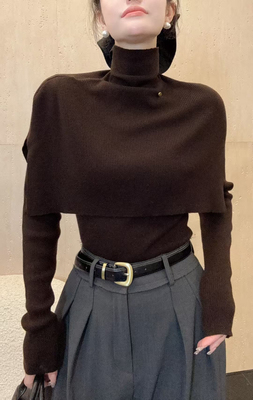 限时福利！设计感荷叶边真两件针织衫软糯高领斗篷毛衣MZ0069