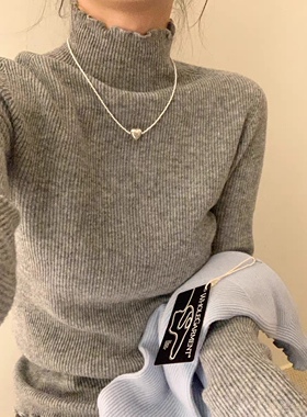 2023冬季新款花边领美丽诺全羊毛打底衫女修身显瘦弹力针织衫内搭