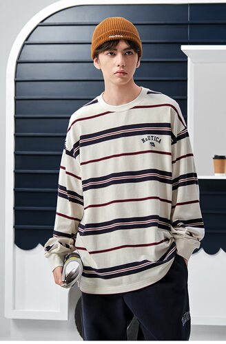 【蔡徐坤同款】nautica whitesail 日系中性撞色条纹长袖圆领T恤