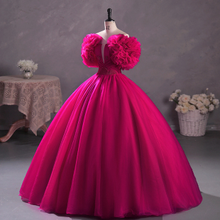 新款玫红色重工民族美声独唱演出蓬蓬裙学生声乐艺考礼服年会主持