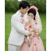 粉色新娘头纱森系超仙复古影楼写真道具短款 旅拍表演头饰