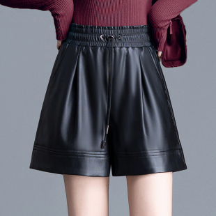 秋冬新款 女皮短裤 宽松显瘦A字阔腿大码 短皮裤 时尚 外穿靴裤 四分裤