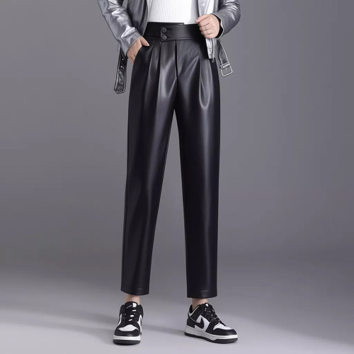 三分姿色秋冬女PU皮哈伦小脚裤