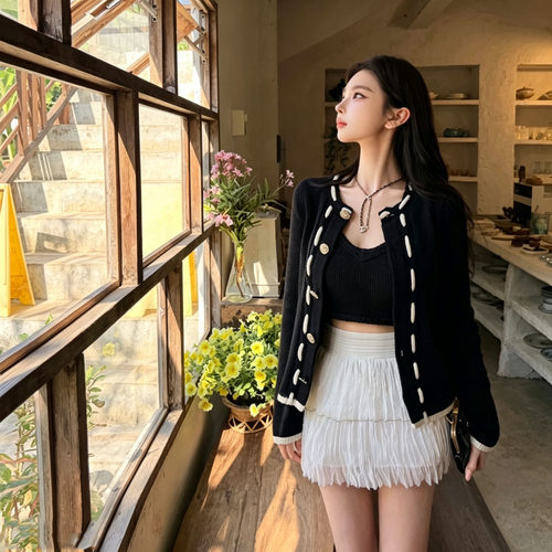 穿绳设计小香 基础百搭黑白拼色针织开衫外套