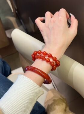 露思同款！天然玛瑙手镯高品质红玉髓手链圆珠送女友礼物转运包邮