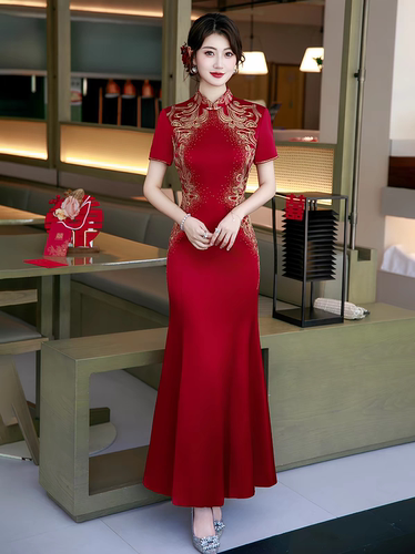 女儿结婚妈妈礼服、婚宴正式礼服、回门宴红色礼服中式婚礼喜婆婆