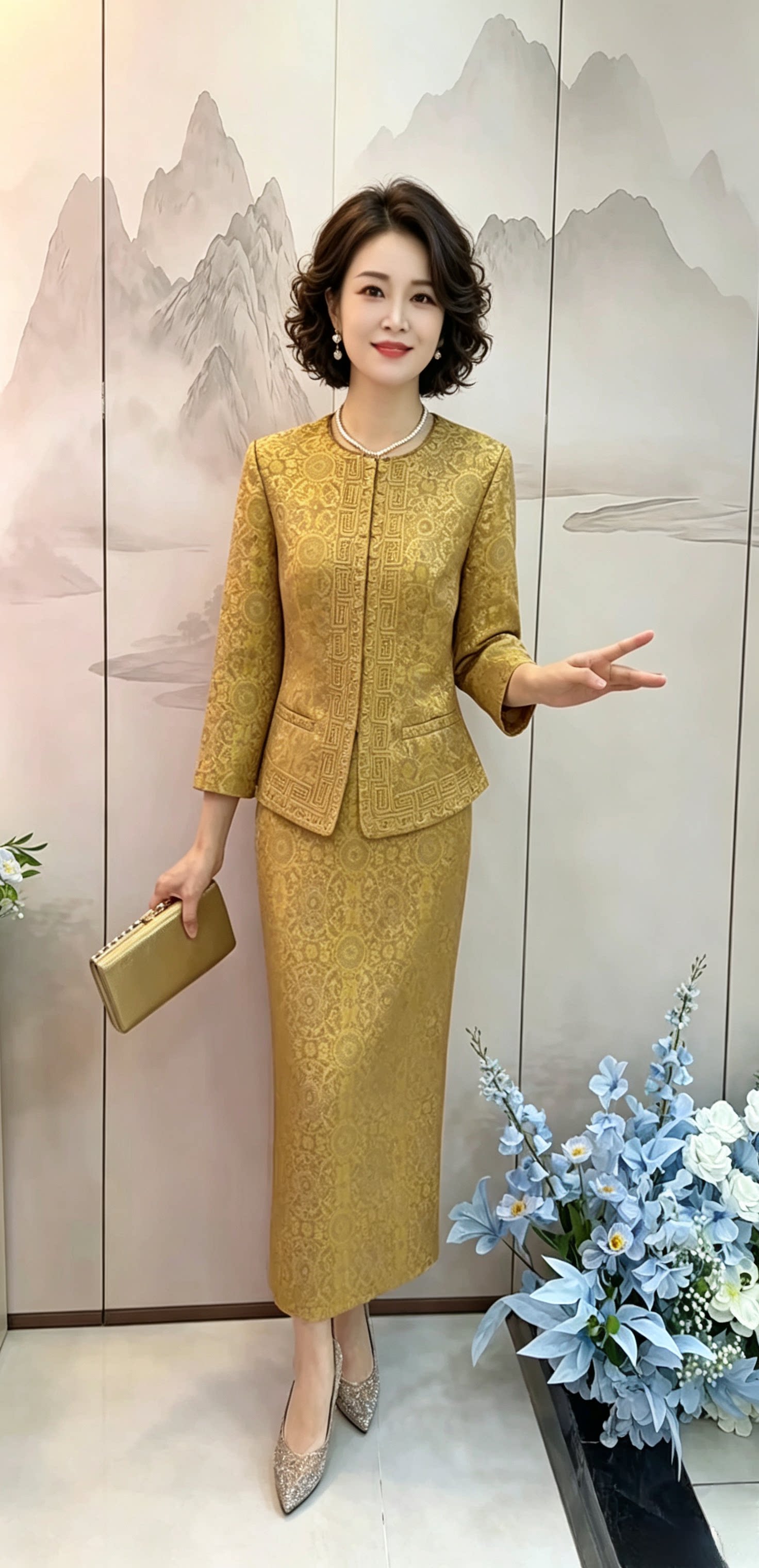 甄选金色织锦提花喜妈妈小香套装端庄优雅喜婆婆婚礼轻奢宴会礼服