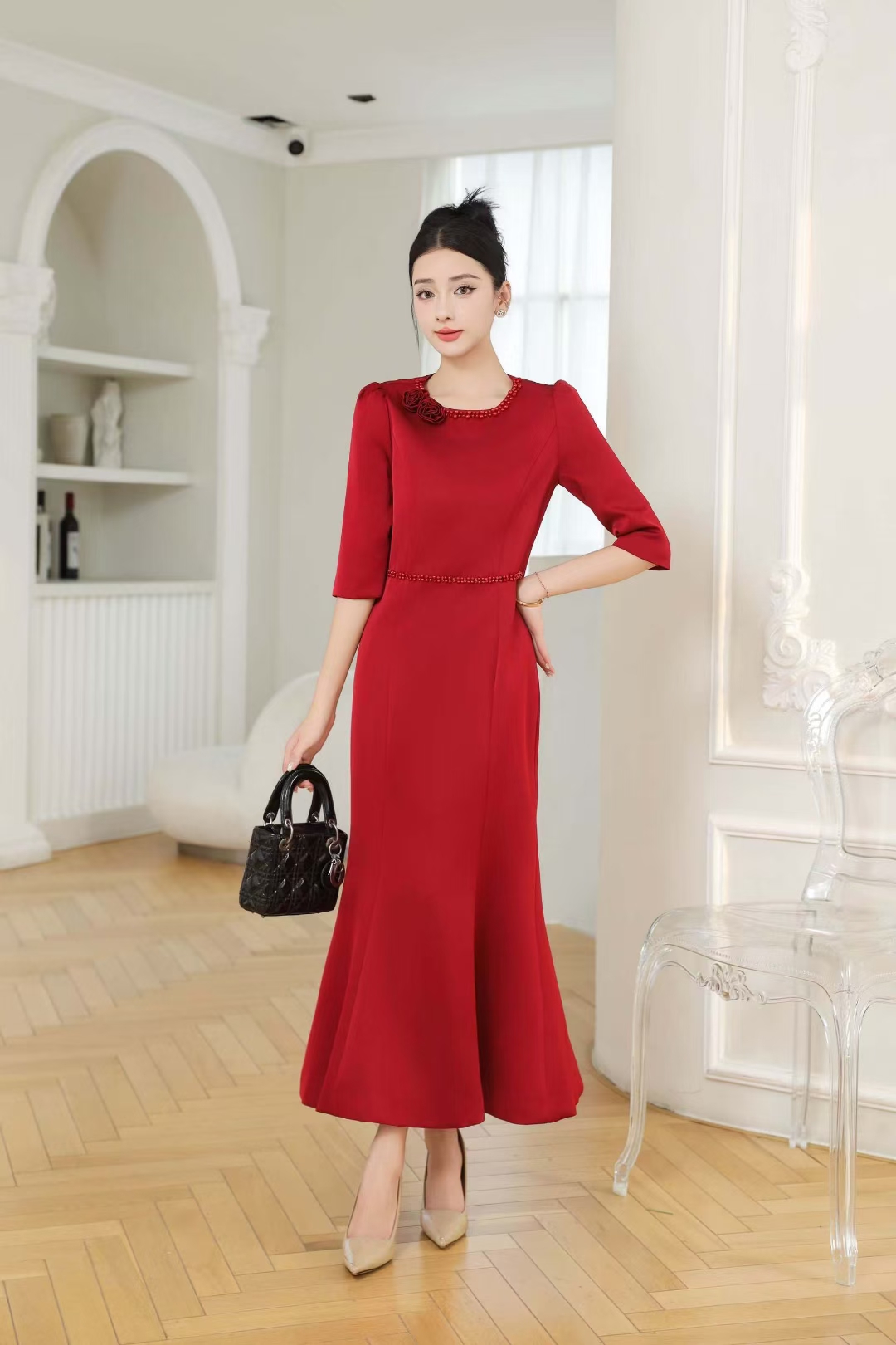 俏佳人精致手工钉珠领玫瑰花气质收腰鱼尾长裙喜婆婆喜妈妈礼服裙