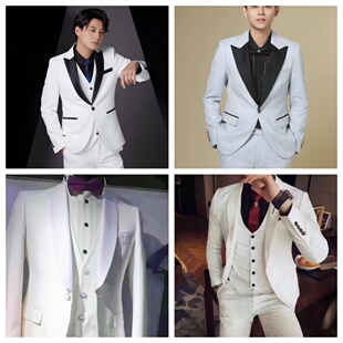 深圳租赁男青年白色西服套装播音主持人艺考演出舞台表演西装礼服