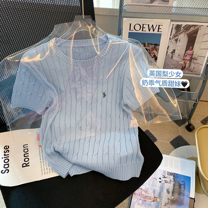 雾霾蓝冰丝短袖针织衫女2023夏季新款修身显瘦小香风法式t恤上衣
