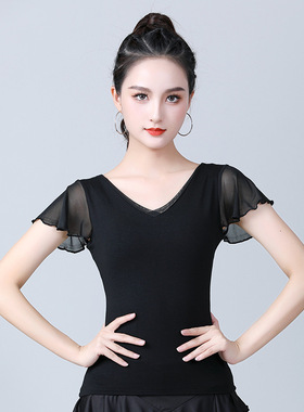 拉丁舞V领上衣女成人新款短袖国标舞摩登舞练功服黑色跳舞舞蹈服