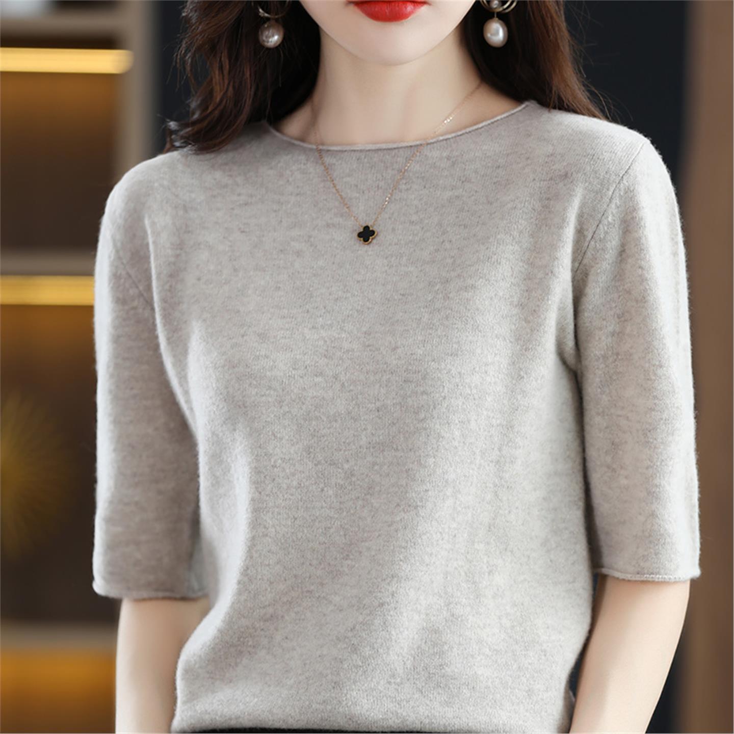 纯棉针织半袖打底衫女圆领套头简约百搭全棉线中袖上衣五分袖T恤
