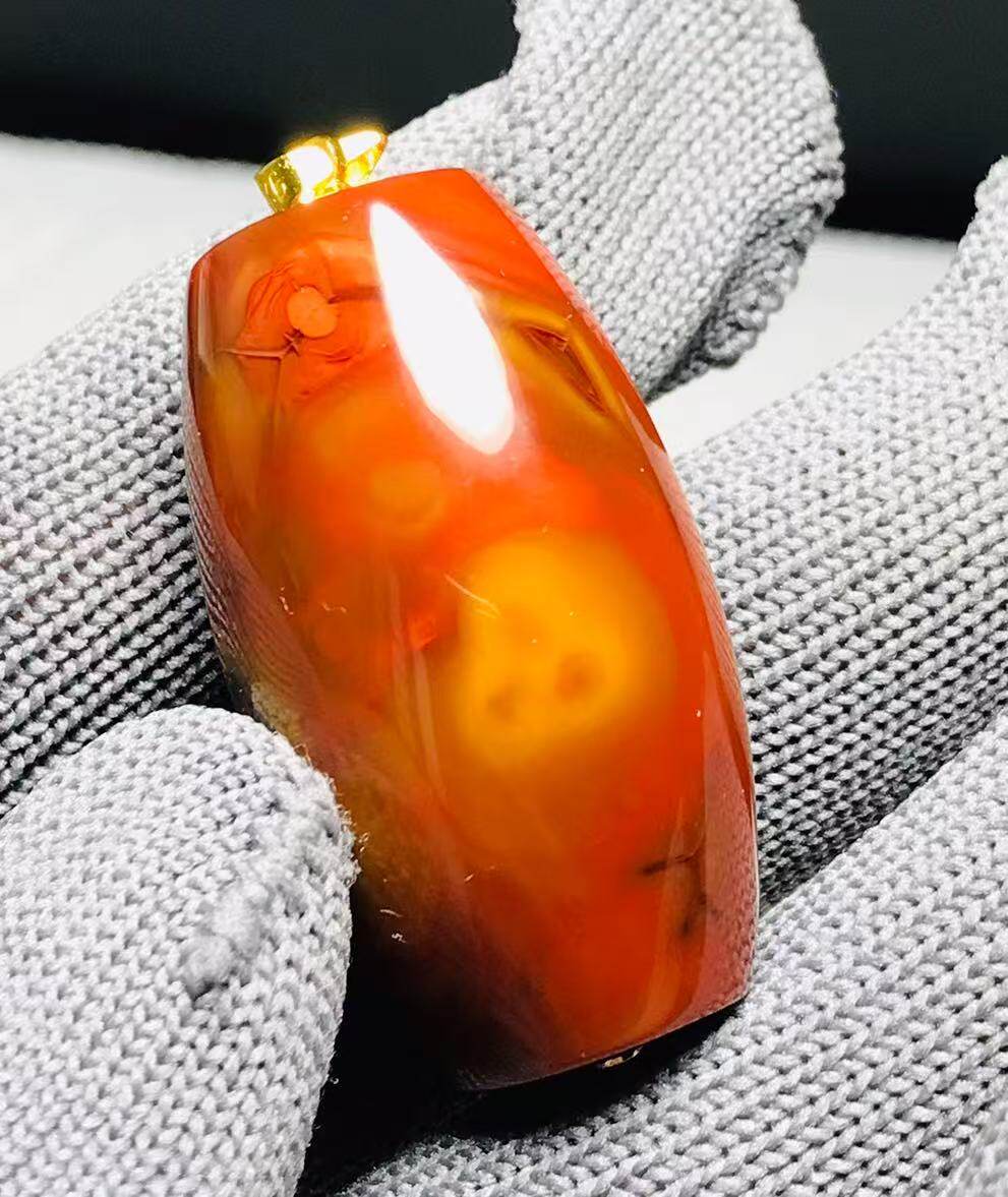 【金猴报福】天然战国红玛瑙吊坠925银金色镶嵌37*24*20mm