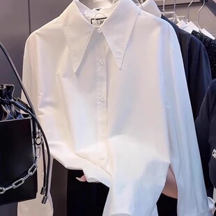 2025秋冬新款叠穿尖领白色衬衫女高级感百搭中长款加绒加厚衬衣