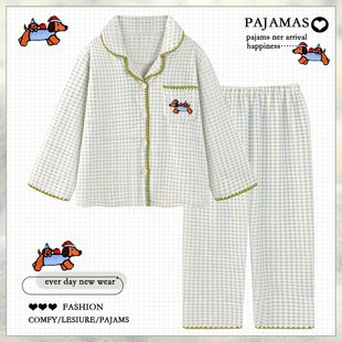 冬天 加厚保暖学生珊瑚绒家居服套装 卡通格子法兰绒睡衣女款 秋冬季