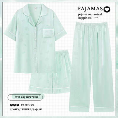 冰丝睡衣女三件套夏季短袖短裤薄款高级感家居服套装2025新款夏天