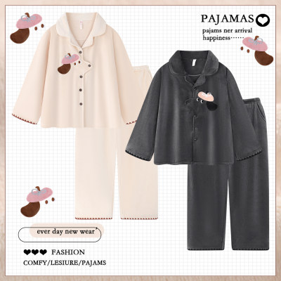 可爱卡通珊瑚绒睡衣情侣装一男一女秋冬季天加绒加厚海岛绒家居服