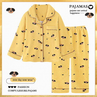 冬天 加绒加厚保暖法兰绒家居服套装 卡通小狗珊瑚绒睡衣女款 秋冬季