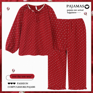 纯棉纱布婴儿棉家居服套装 长袖 复古碎花红色睡衣女春秋季 2025新款