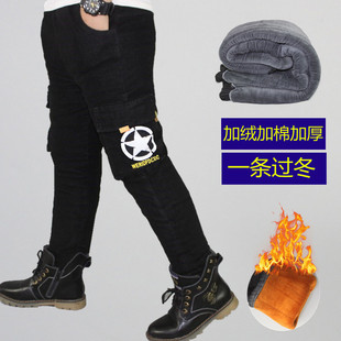 2025儿童棉裤男童牛仔裤加绒加厚冬季加棉中大童宽松弹力直筒裤子