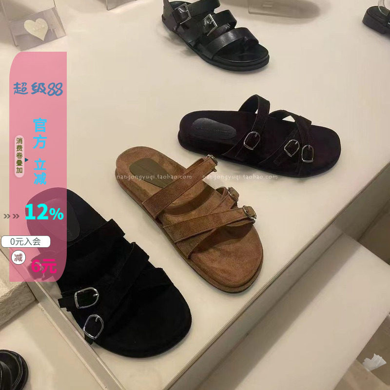 绒皮带扣厚底一字拖凉拖