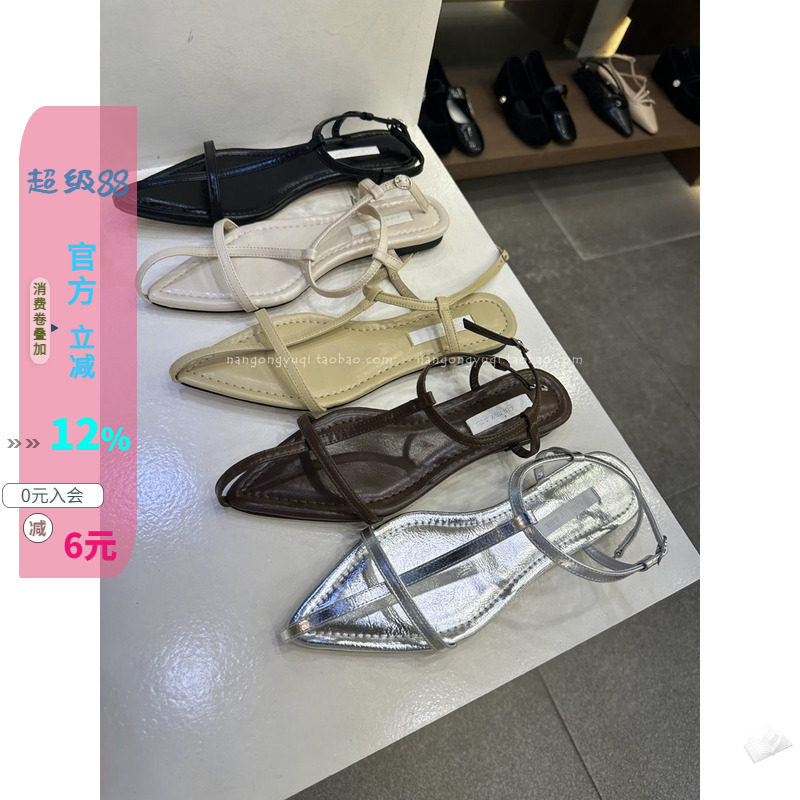 极简风十字尖头搭扣平底凉鞋