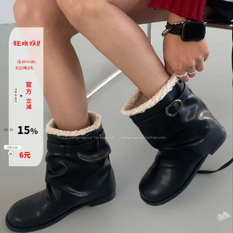 羔羊毛保暖低跟裤靴宽口棉靴