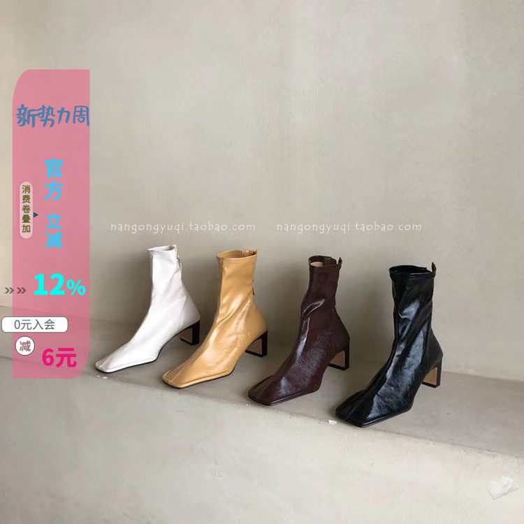法式方头扁跟栗子棕色弹力瘦瘦靴
