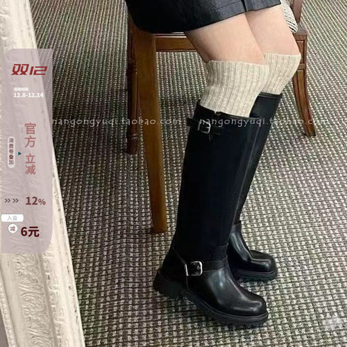 休闲皮带扣低跟加绒高筒靴骑士靴