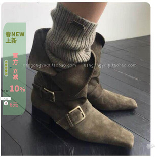 现韩国东大门女鞋秋新款法式复古高级感方头鹿皮绒皮带扣两穿短靴
