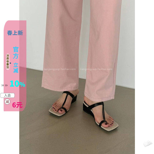 方头套趾细带舒适亚麻底坡跟凉拖