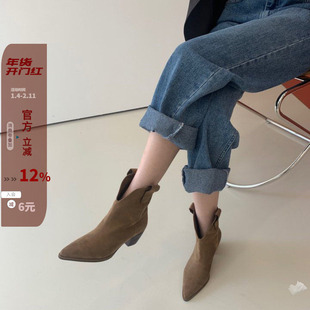 现韩国东大门女鞋2024年秋ins磨砂绒面尖头套筒西部靴切儿西短靴