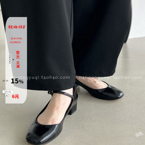 复古圆头一字带方跟中跟玛丽珍