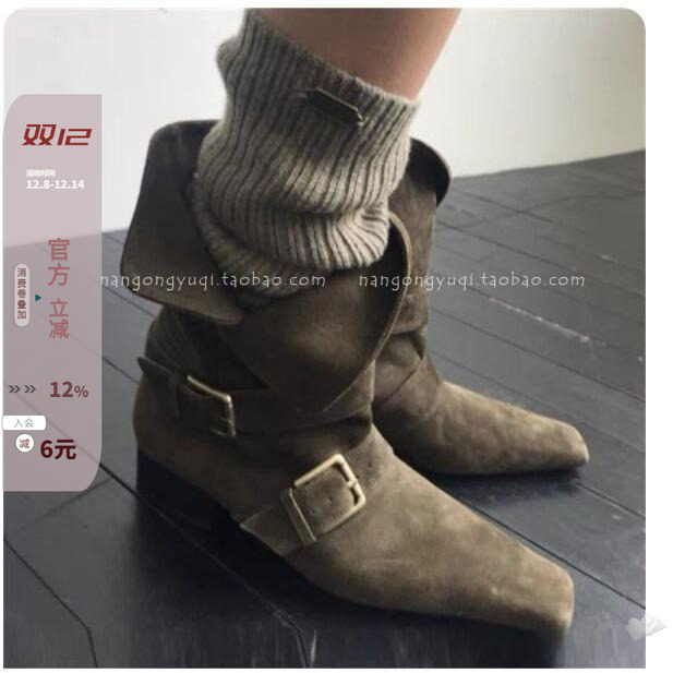 高级感方头鹿皮绒皮带扣两穿短靴