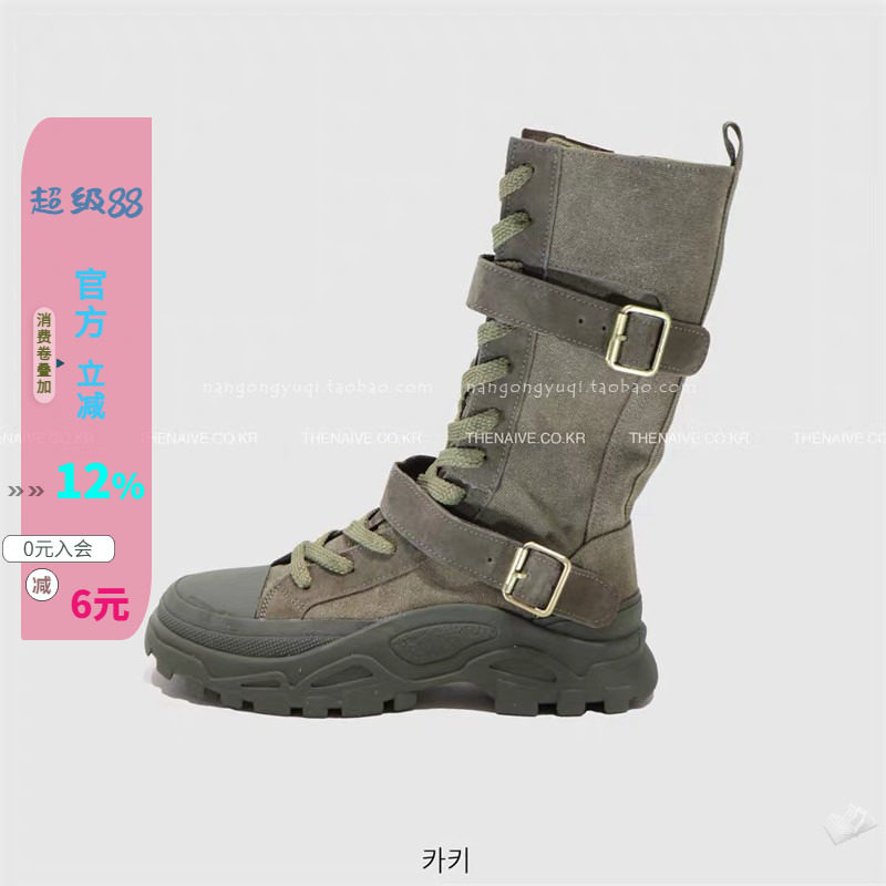 软底绑带真皮拼接马丁靴帆布