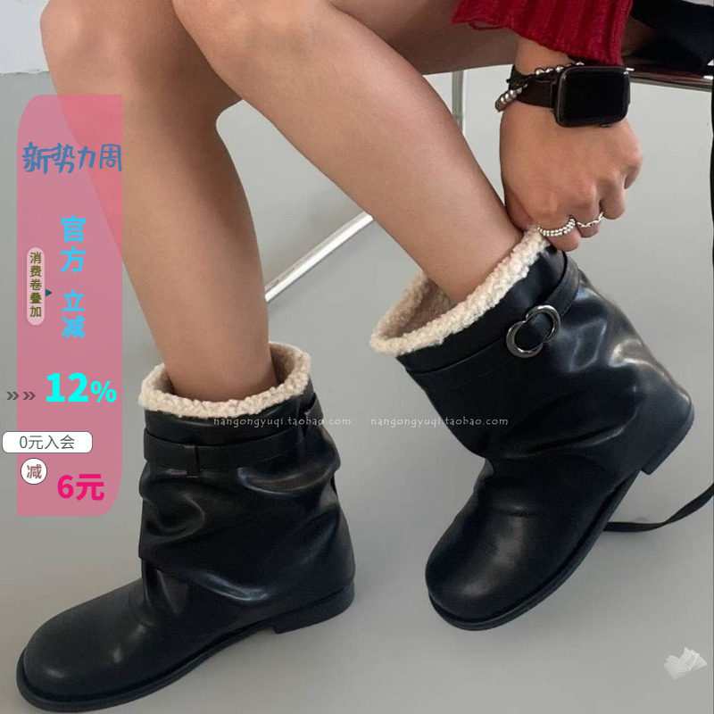羔羊毛保暖低跟裤靴宽口棉靴