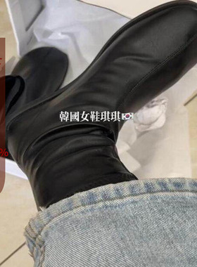 现 韩国东大门女鞋24秋冬ins高级感软皮弹力瘦瘦靴内里磨毛小黑靴