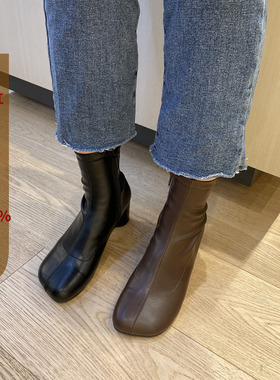 现韩国东大门女鞋22秋新ins不规则圆头侧拉链圆柱跟瘦瘦弹力短靴