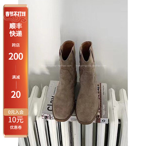 现韩国东大门代购西部小短靴子2023秋新chic磨砂套筒木跟套筒短靴