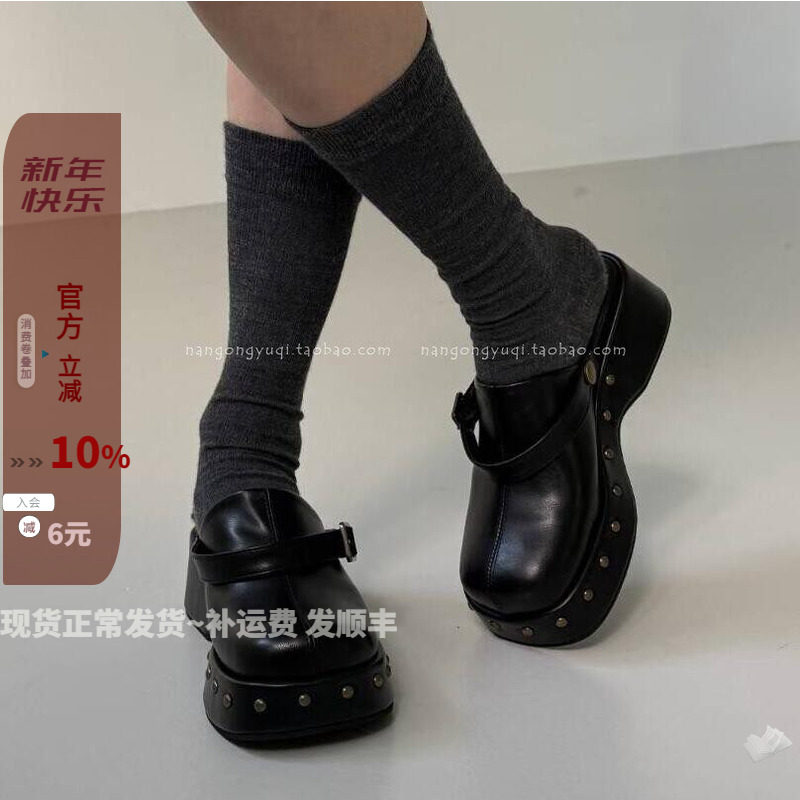 韩国东大门女鞋25秋新ins休闲两穿铆钉皮带扣可折厚底半拖包头拖