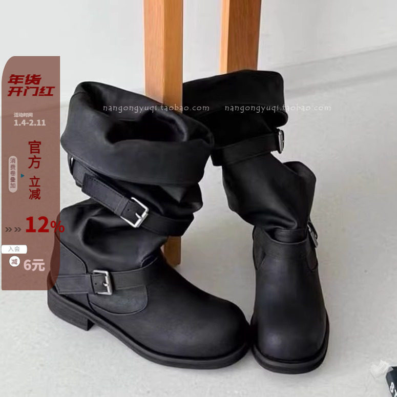 韩国东大门女鞋2025秋新慵懒风复古作旧圆头皮带扣两穿黑靴高筒靴,女鞋,骑士靴,淘宝优惠券,粉丝福利购,淘宝优惠卷
