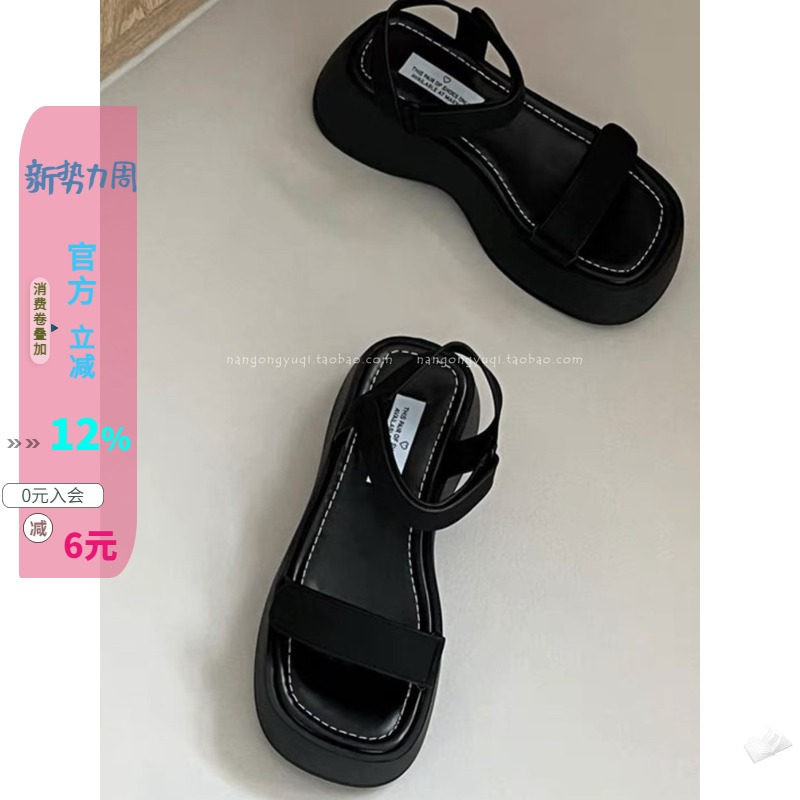 厚底学院风魔术贴一字带凉鞋女