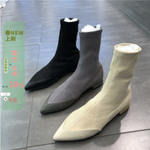 尖头拼接弹力布面套筒低跟短袜靴 韩版 现 2026早春韩国东大门女鞋