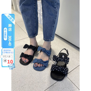 现韩国东大门代购23夏chic甜美公主蝴蝶结牛仔布波点平底露趾凉鞋